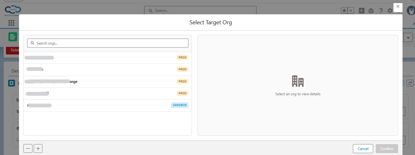 iSyncSF Execute tab showing target org selector, sync type options, and real-time progress tracking